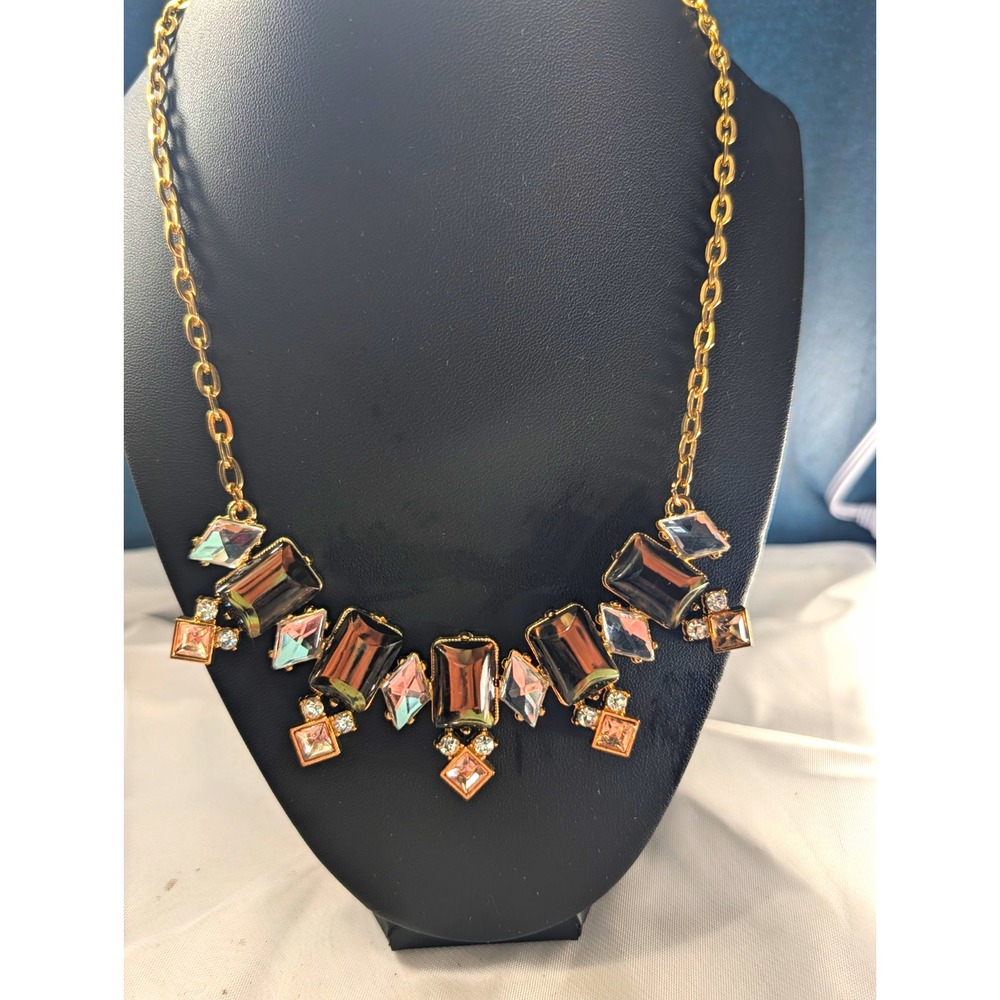 Gold Tone Smoky & Iridescent Glass Rhinestone Statement Bib Necklace